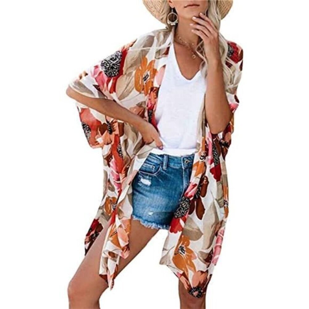 Floral Kimono Swimsuit Coverup Beach Cardigan Chiffon Sheer